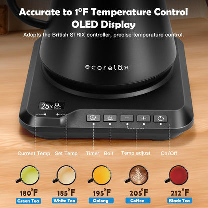 Gooseneck Electric Kettle, ±1℉ Temperature Control Pour over Kettle for Coffee, Tea & Water, Stainless Steel 1200 W Keep Warm OLED Display 1 L (Black)