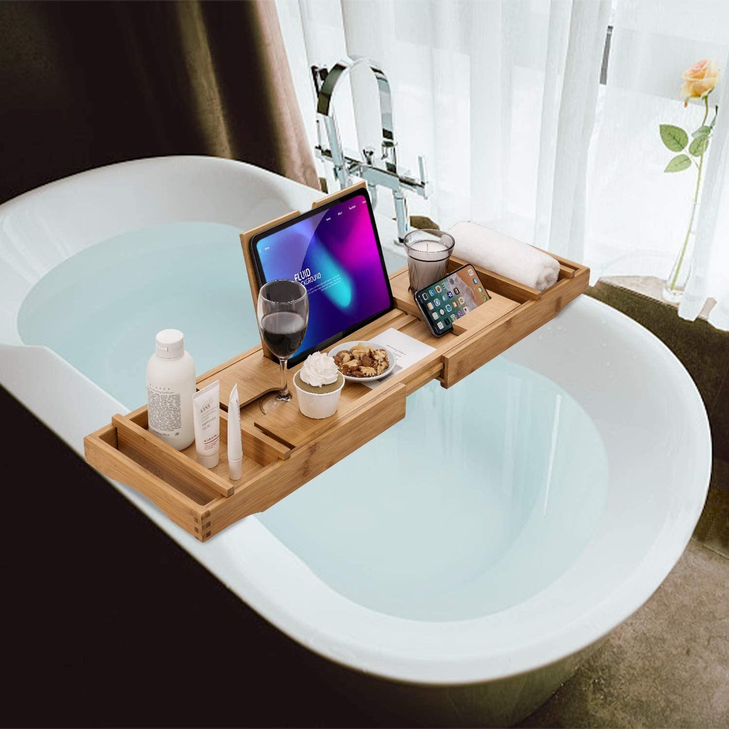 Bamboo Bathtub Caddy Tray Durable, Non-Slip, One or Two Person Bath and Bed Tray, Extending Sides Fits Any Tub, Cellphone and Wineglass Holder, Free Soap Holder -Yellow
